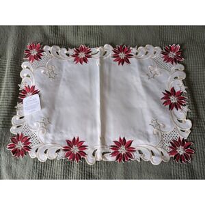 Christmas Lace Embroidered Red Candle Pointsettia Table Placemat Runner Vintage